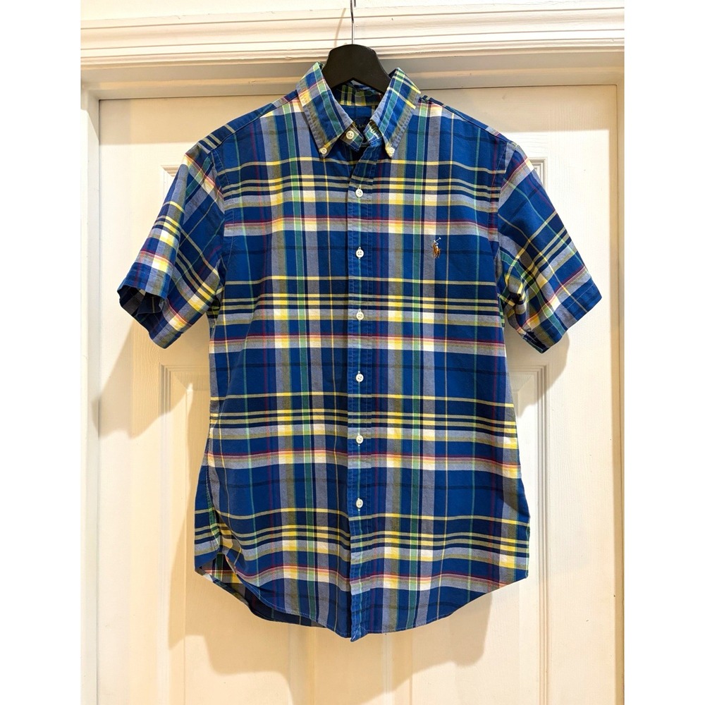 Ralph Lauren Slim Fit Shirt Men M Blue Plaid Short Sleeve Button Down